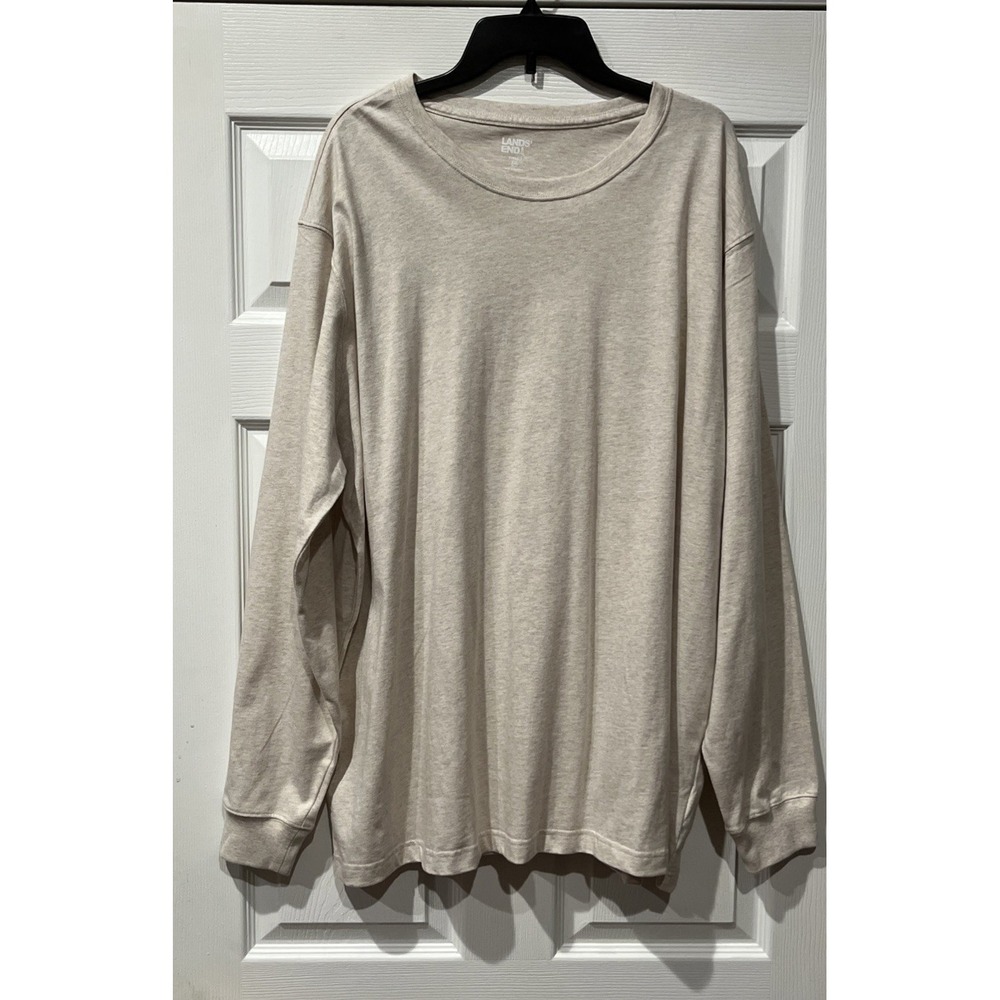 Lands' End Super-T Shirt Mens Size XXL 50-52 Beige Cotton‎ Long Sleeve Crew Neck